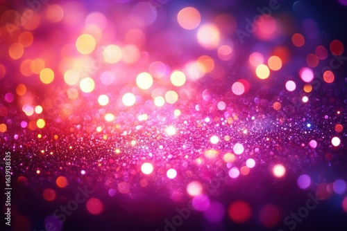 Abstract sparkling colorful bokeh lights with a glittery textured background in warm tones of purple, pink, orange, and red, creating a vibrant and festive mood