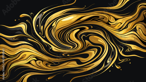 Vector art of abstract golden liquid swirl on a dark background, conveying a sense of luxury, power, and dynamic motion with a modern artistic flair