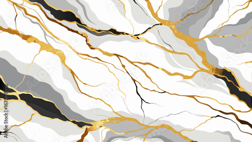 Vector art of abstract marbled background with intricate gold veins on a white and grey base, evoking a sense of luxury and modern elegance