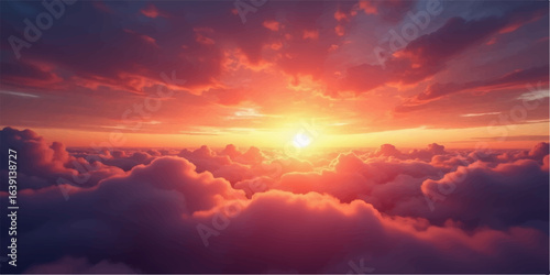 Sunlight piercing a fiery orange and blue cloudscape at dusk, a beautiful and vibrant summer evening