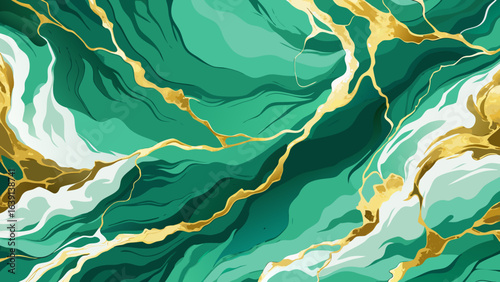 Vector art of abstract fluid green and gold marble texture with flowing lines and dynamic curves, elegant luxury background for design and decoration