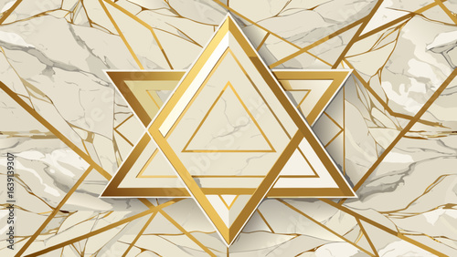 Vector art of abstract geometric background with a golden star of david symbol overlaid on a marble texture, creating an elegant and sacred design
