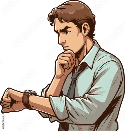 腕時計を見て考える男性のイラスト
