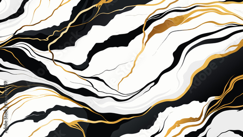 Vector art of abstract black and white marble texture with golden veins, isolated on white background, offering a sophisticated and modern aesthetic