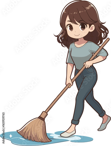 床を水拭きする女性のイラスト