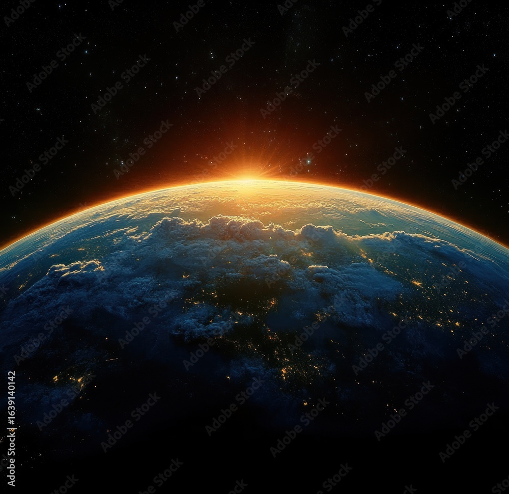 Obraz premium Sunrise over Earth from space showing glowing horizon, cloud formations, city lights, and starry background creating a serene cosmic view