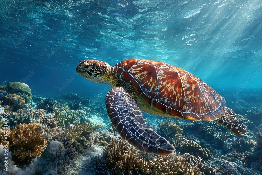 Fototapeta premium Green sea turtle Chelonia mydas gliding gracefully over vibrant coral reef in crystal clear waters during daylight hours