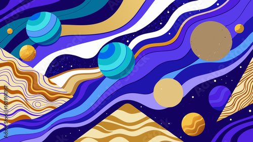 Vector art of abstract cosmic landscape with planets, nebulae, and swirling patterns in blue, purple, and gold, evoking a sense of wonder and exploration