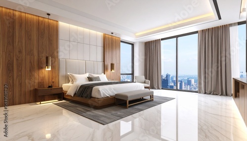 Premium modern bedroom interior design with wood and marble tiles. premium lights and wooden covered room for luxurious persons. Hotel room design .Profile light design with marble stone	