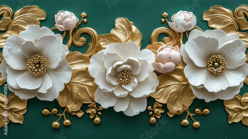 3D design of a luxurious floral pattern in white and gold tones