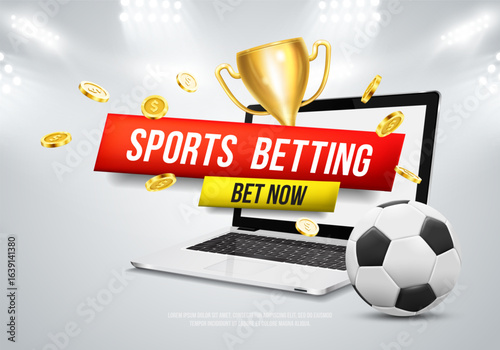 Sports betting banner with laptop, soccer ball, winner cup, and flying coins. Gambling online concept. Vector illustration for betting apps, and gaming promotions.