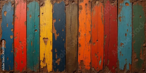 Texture of a weathered old wooden wall with peeling brown paint and a rough, vintage surface