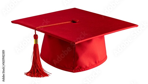 Red graduation cap with tassel against white background.