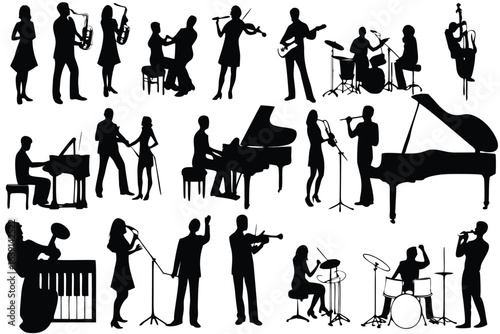 Silhouetted Musicians Performing with Various Instruments Musical Ensemble Featuring Pianists Guitarists Violinists Drummers and Singers Against a White Backdrop