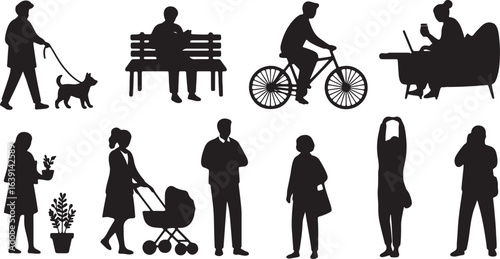 Diverse people silhouettes engaged in various outdoor and indoor activities woman