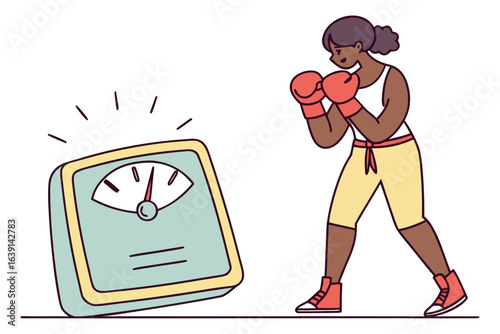 Woman in boxing stance confronting bathroom scale in humorous flat design
