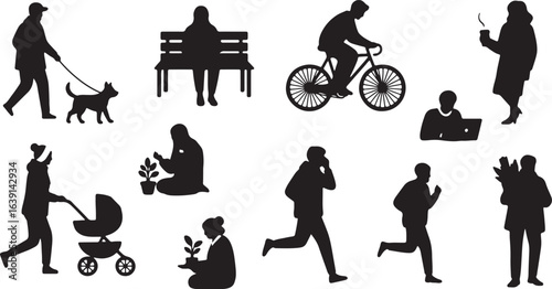 Silhouettes of people engaged in diverse activities from walking to running woman