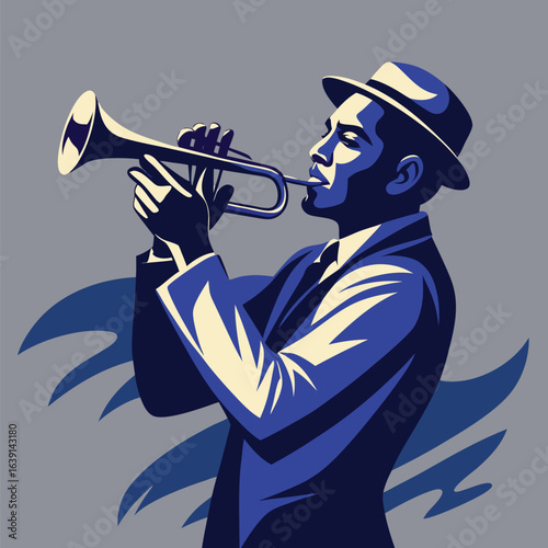 Art Deco Illustration of a Jazz Musician Playing the Trumpet in a Stylish and Retro Themed Composition