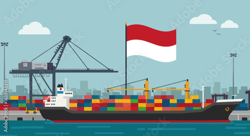  A large container ship docked at a port with cranes and the Indonesian flag.