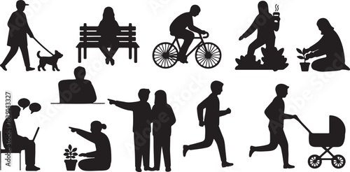 Silhouettes of people engaged in daily life activities and leisure woman child