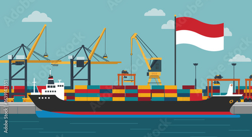  A large container ship docked at a port with cranes and the Indonesian flag.