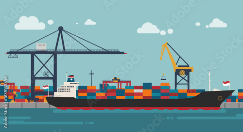  A large container ship docked at a port with cranes and the Indonesian flag.