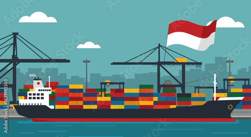  A large container ship docked at a port with cranes and the Indonesian flag.