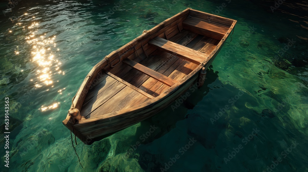 Obraz premium A wooden rowing boat gently rocks on the surface of the lake with its clear, transparent water. A peaceful, tranquil landscape.