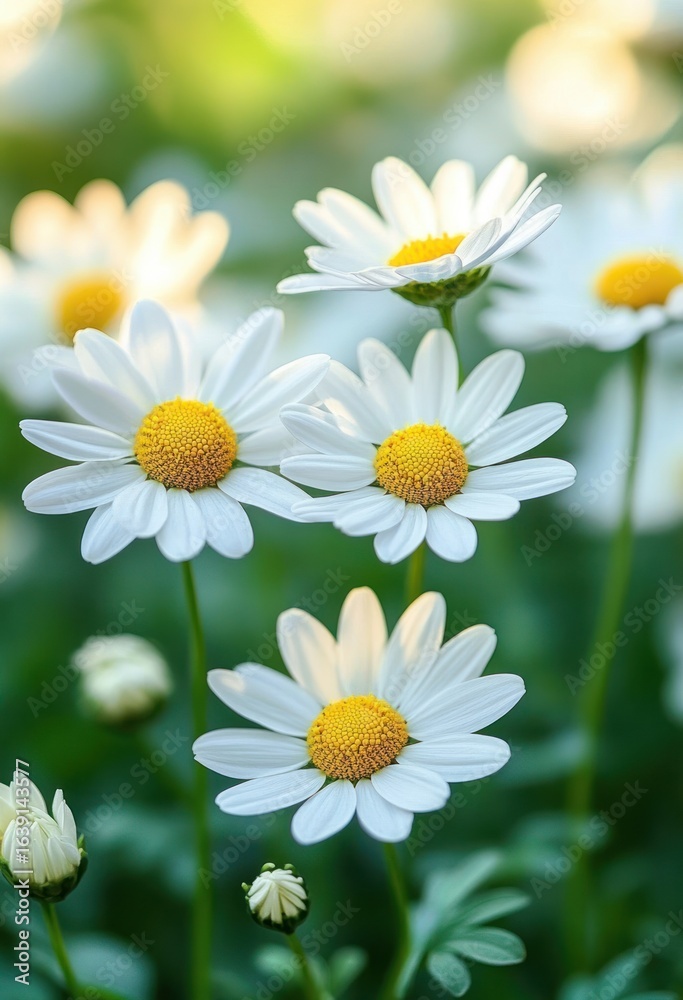 Fototapeta premium Close-up of white daisies with yellow centers blooming in a green garden with soft background light and blurred buds