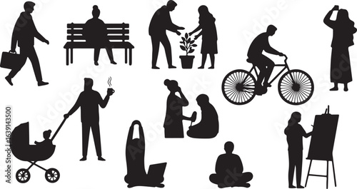 Silhouettes of people engaged in various activities like cycling, gardening, and art on white