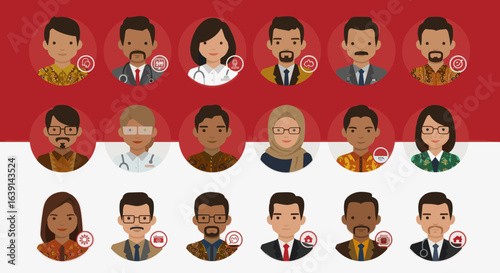 A collection of illustrated portraits of Indonesian professionals from various fields against a red and white background.