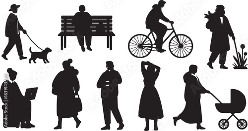 Silhouettes of people with dogs, bicycles, and strollers on white background woman