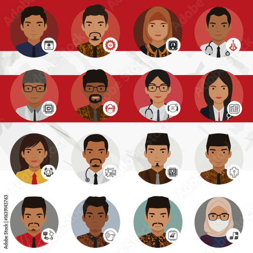 A collection of illustrated portraits of Indonesian professionals from various fields against a red and white background.