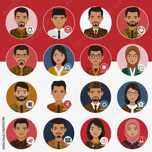A collection of illustrated portraits of Indonesian professionals from various fields against a red and white background.