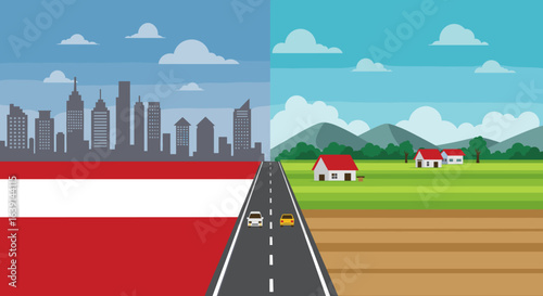 A road leading from a modern cityscape to a rural countryside with houses and fields.