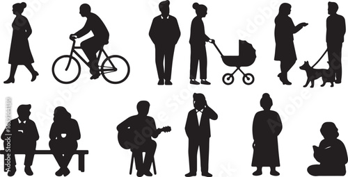 Collection of human silhouettes depicting daily life and leisure activities people
