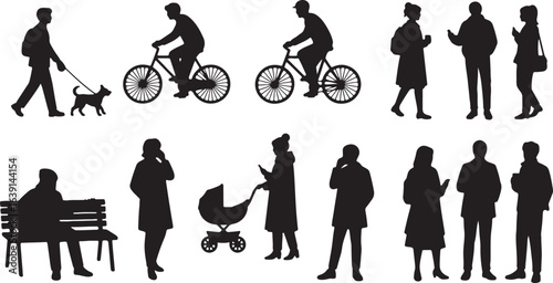 Silhouettes of people walking dogs, cycling, and with a baby stroller woman child