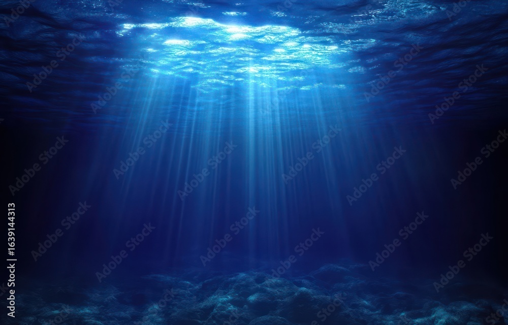 Fototapeta premium Sunlight rays penetrating deep clear blue ocean water illuminating the rocky seabed with a serene and peaceful atmosphere