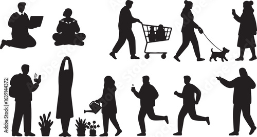 Silhouettes of people shopping, walking dogs, and gardening on white background Keywords