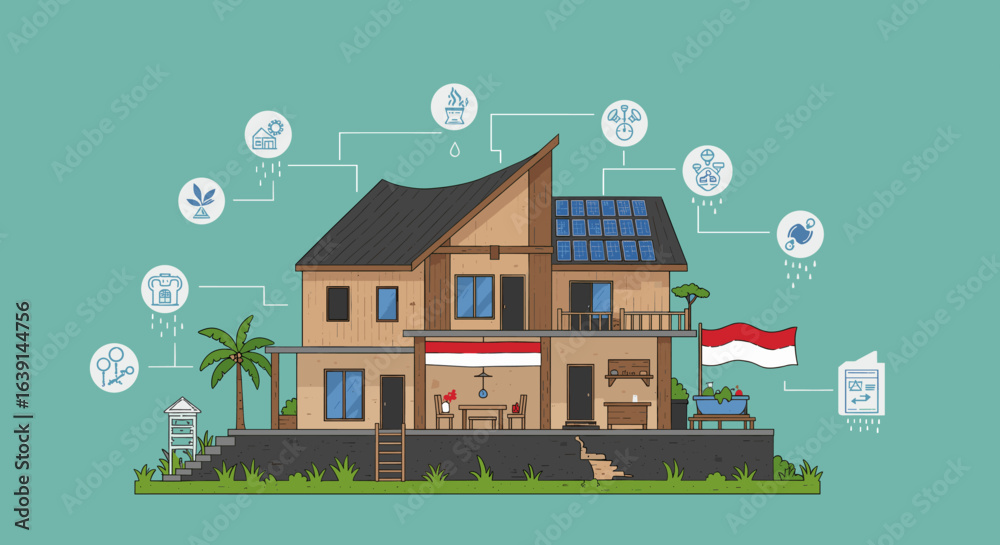 Fototapeta premium An eco-friendly house with solar panels, rainwater harvesting, and sustainable features.