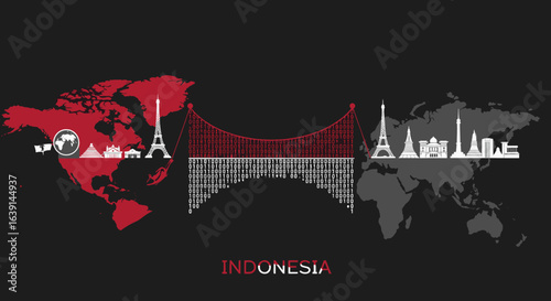 A symbolic bridge connects continents featuring famous landmarks from around the world.