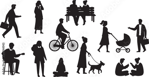 Silhouettes of people enjoying leisure activities and daily routines on white background