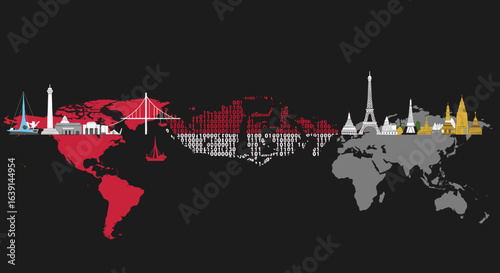 A symbolic bridge connects continents featuring famous landmarks from around the world.