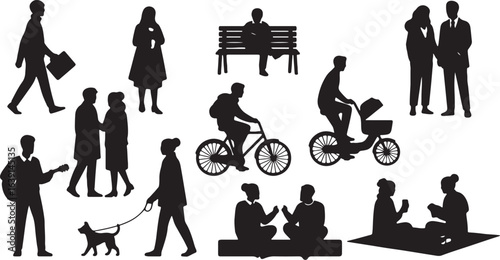 Collection of diverse people silhouettes engaged in everyday activities Keywords: silhouette