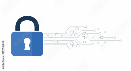 Password protection secured with blue padlock and digital circuit. Password protection ensures data safety and privacy with virtual computer system, security software.