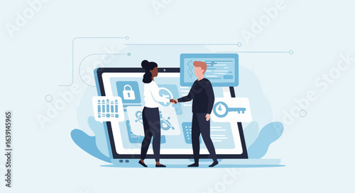 Password protection with successful handshake between two people on tablet screen. Password protection measures like encryption ensure secure access to data.