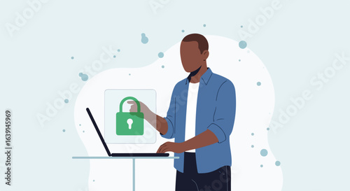 Password protection on laptop screen with man ensuring data security. Password protection assures privacy and integrity, with digital padlock displayed.