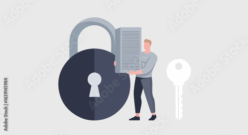 Password protection with man holding data server next to lock and key, password protection concept illustrated. Concept password protection,