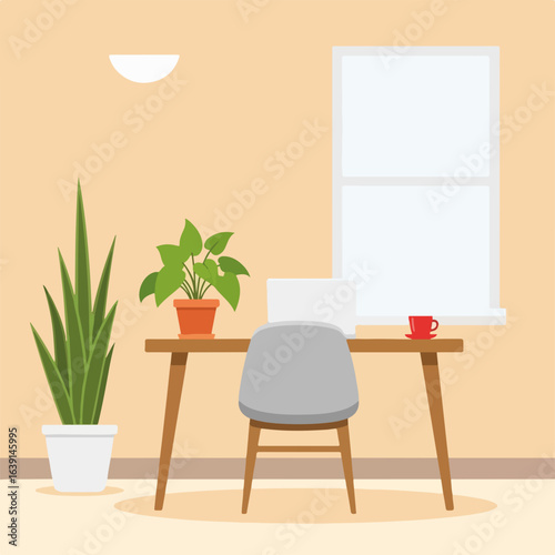 Creating cozy workplace at home with plants, laptop, and minimal furniture for increased focus. Cozy workplace improves productivity for remote employees during work from home setups,
