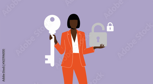Woman in orange suit holding large key and unlocked padlock.  Password protection concept image shows security and access.